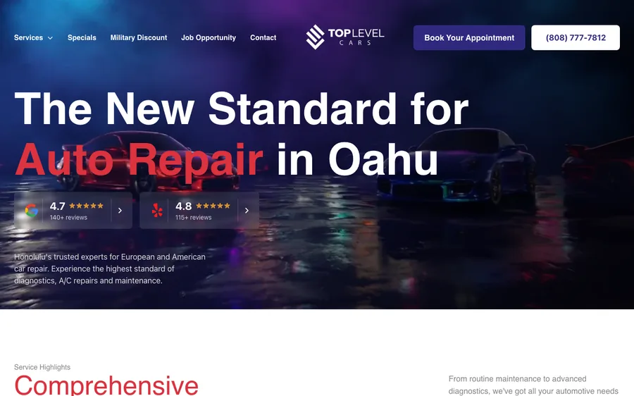 Top Level Cars Hawaii website